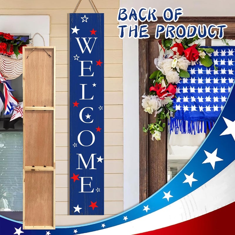 Seimip 4th of July Patriotic Welcome Porch Sign for Outdoor, American Flag Front Door Sign For Patio, 47" Blue Standing Yard Sign USA Wooden Signs Seasons Garden Decorations Vertical Signs for Indoor Wall - Image 4